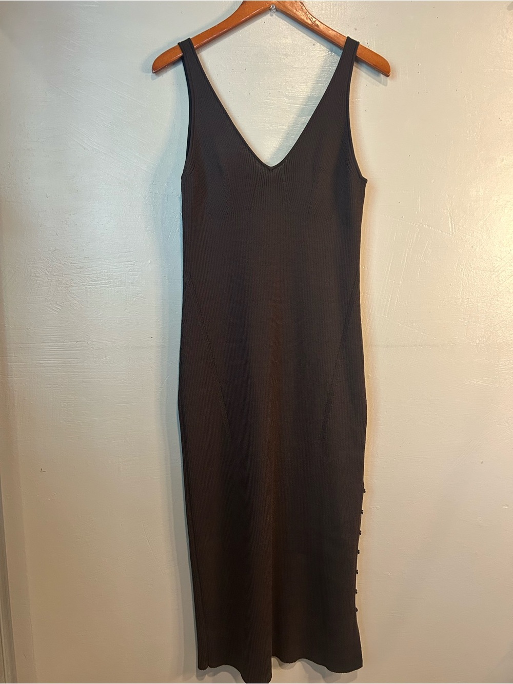 H&M Brown Ribbed V-Neck Midi Slip Dress